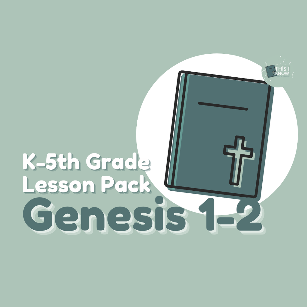 Teal book with cross on a light green background, labeled 'K-5th Grade Lesson Pack Genesis 1-2'.