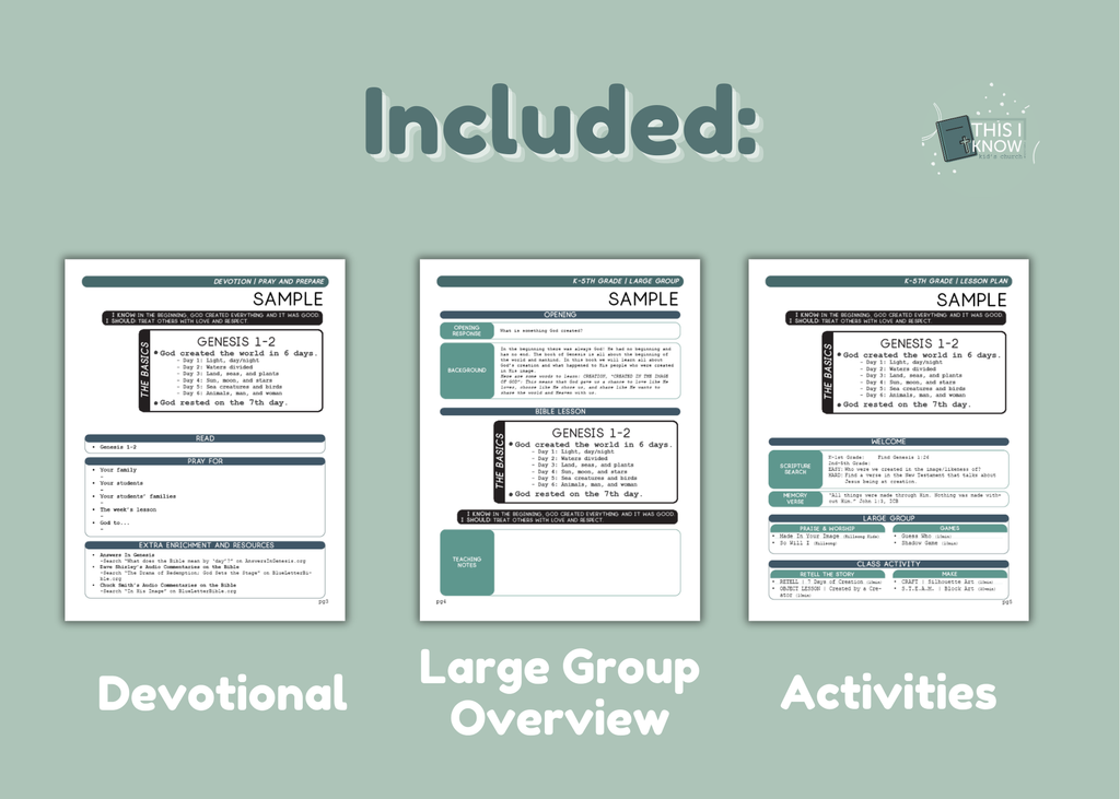 Three sample pages with text on a light green background, featuring the 'THIS I KNOW' logo