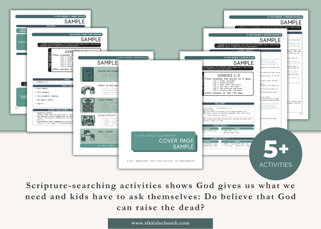 Collection of scripture-searching activity sheets with a cover page sample on a light green background.
