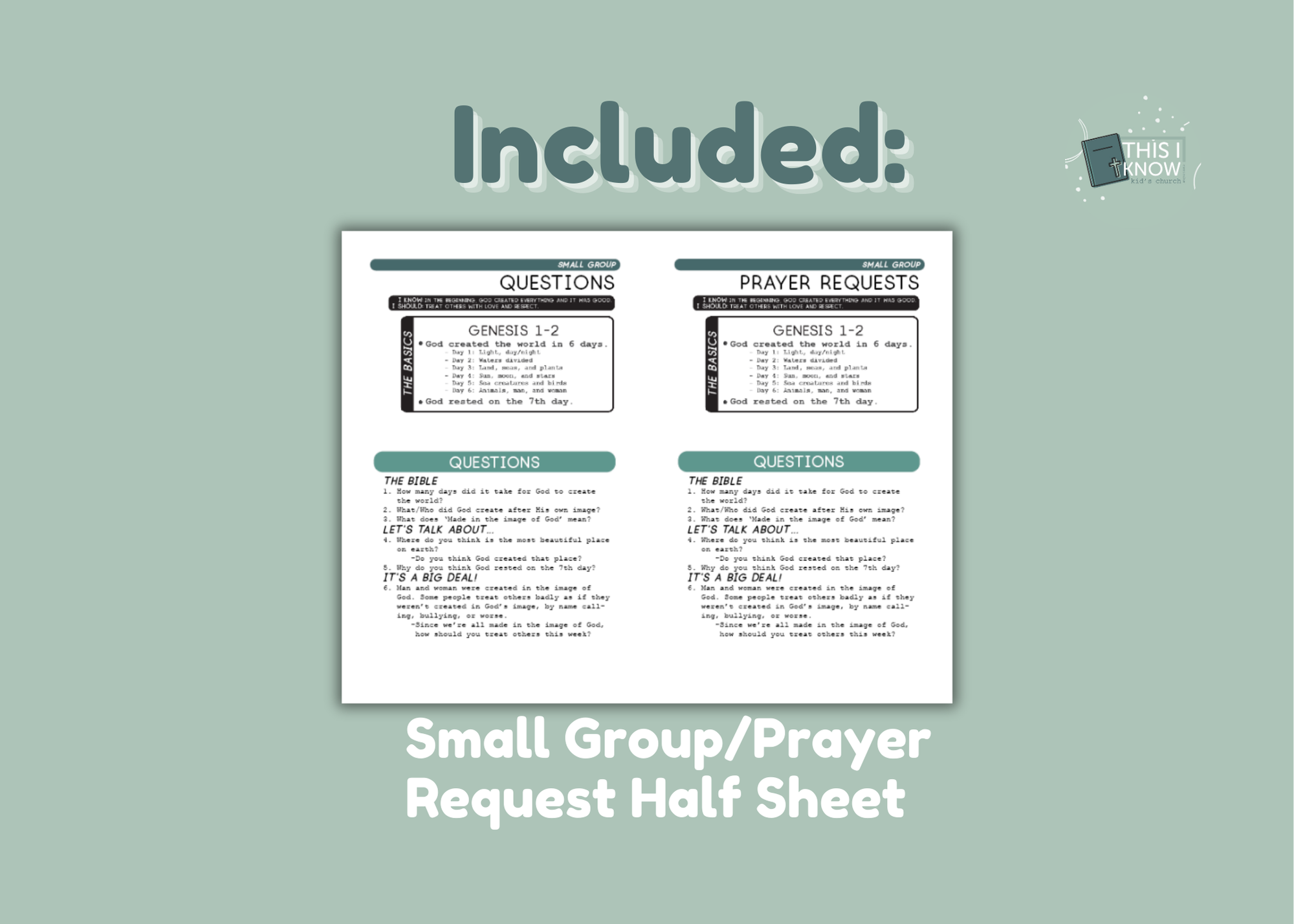 Small Group/Prayer Request Half Sheet on a light green background with text overlay.