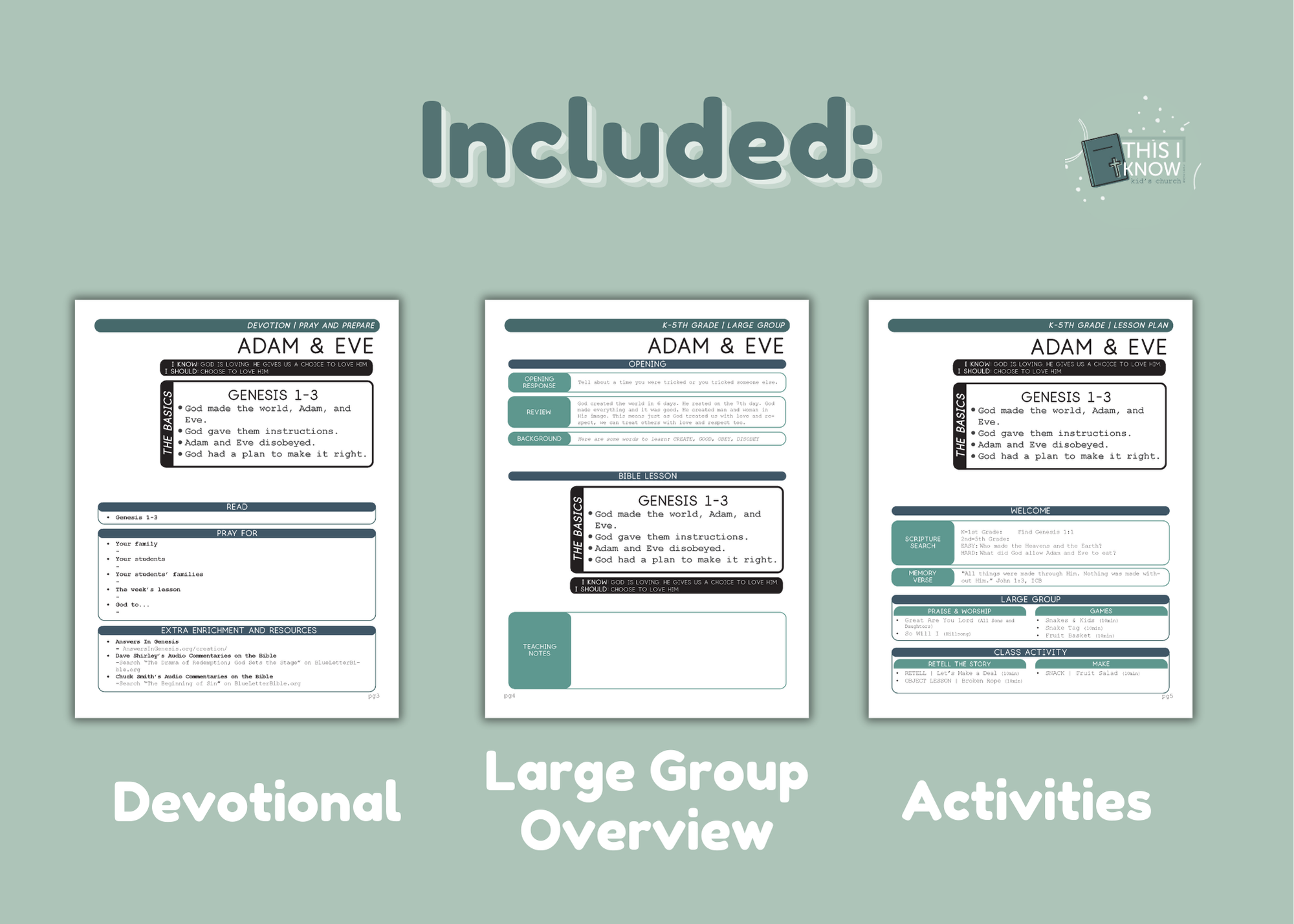 Three printed pages with text and headings on a light green background, featuring the title 'Included:'.