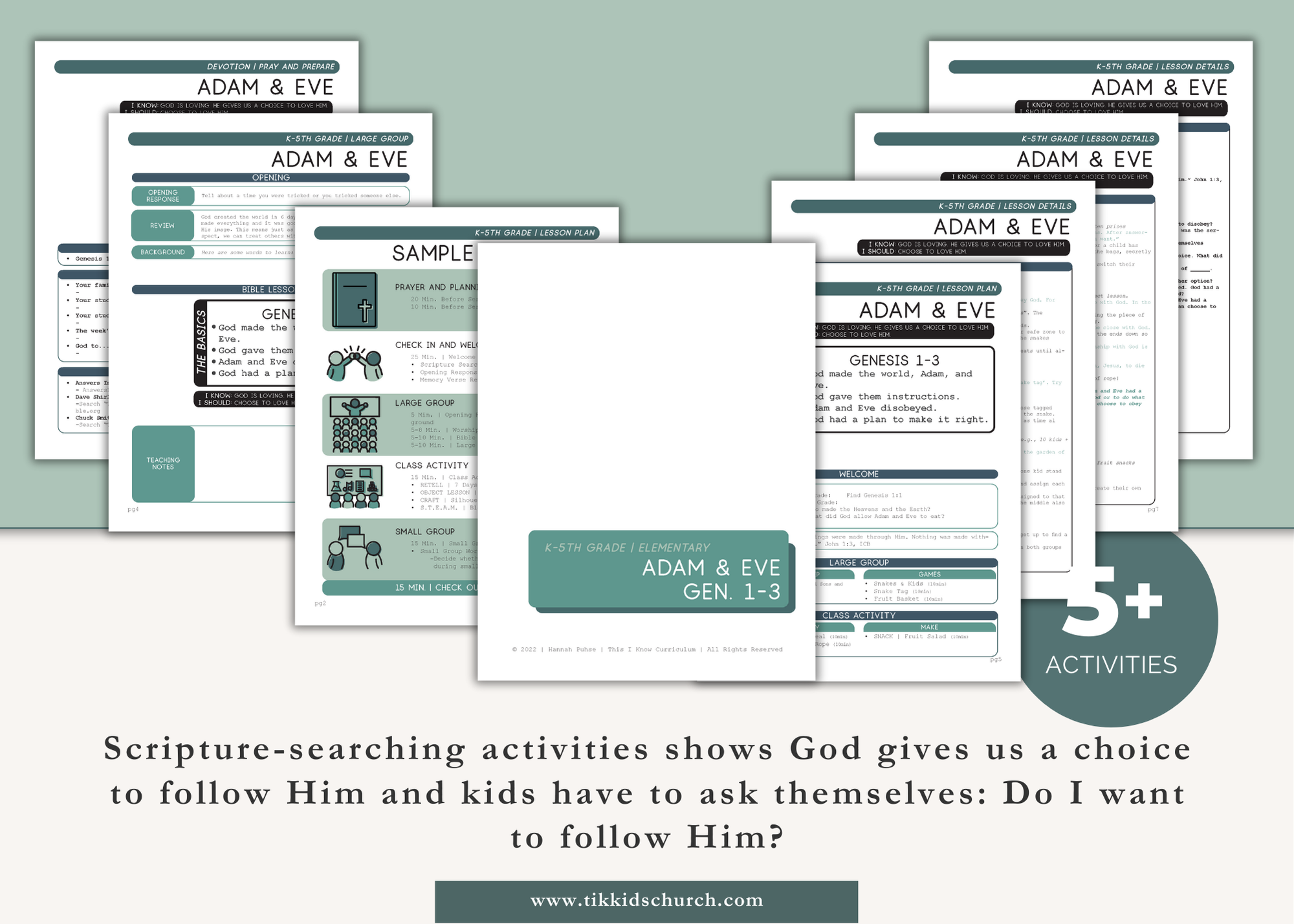 Collection of 'Adam & Eve' educational materials on a light green background