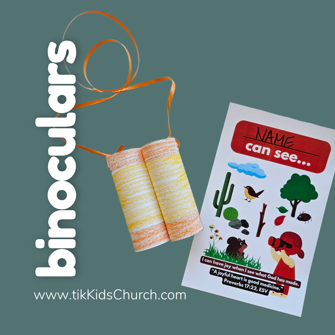 Toy binoculars with a sheet of stickers on a green background, featuring tikKidsChurch.com.