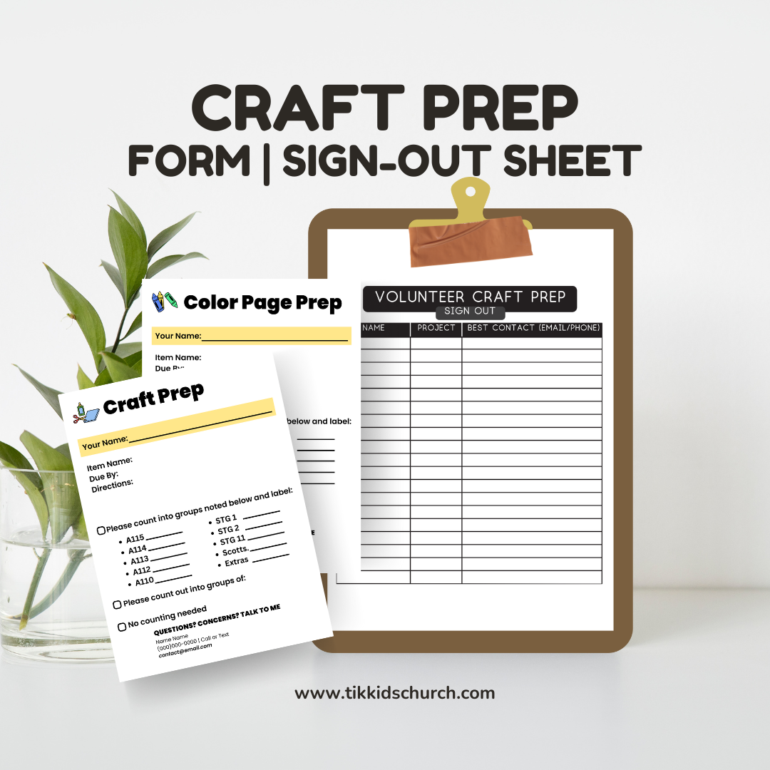 Craft prep form and sign-out sheet on a white surface with a plant in the background.