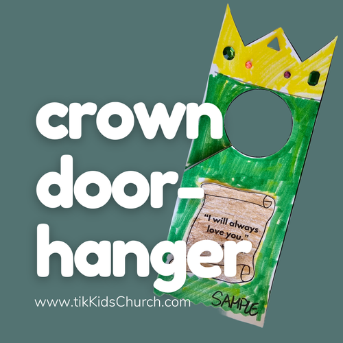 Crown door hanger with text and website URL on a green background