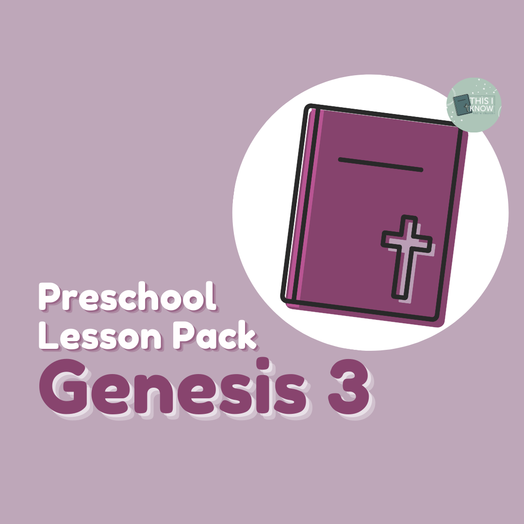 Purple book with a cross on a purple background, labeled 'Preschool Lesson Pack Genesis 3'.