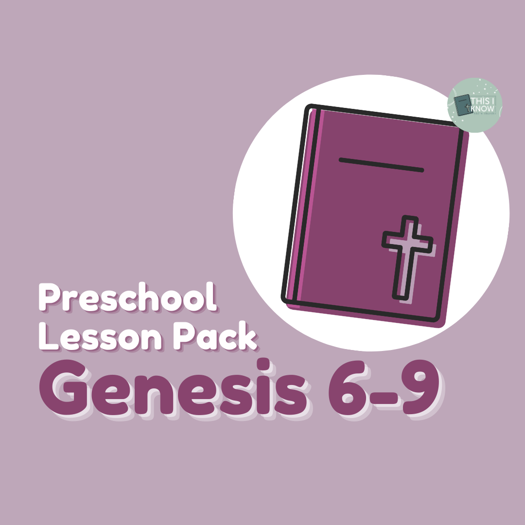 Purple book with cross on a purple background, labeled 'Preschool Lesson Pack Genesis 6-9'.