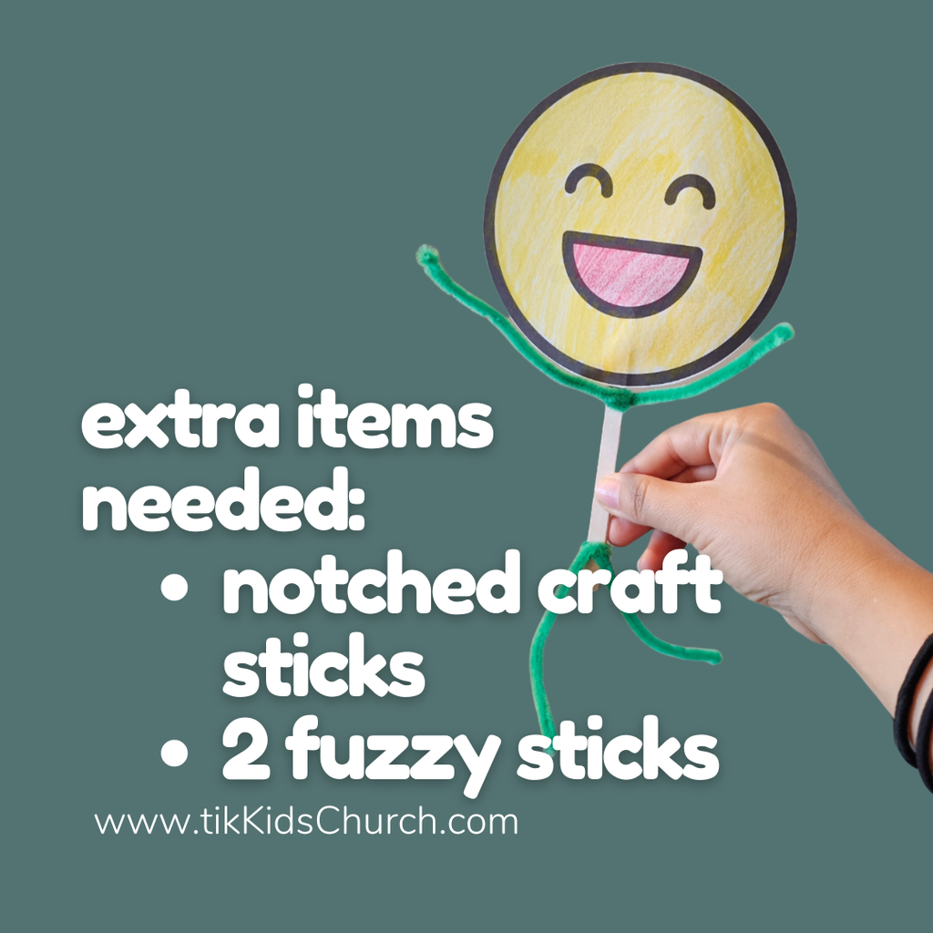 Hand holding a craft with smiley face design and text listing extra items needed on a green background.