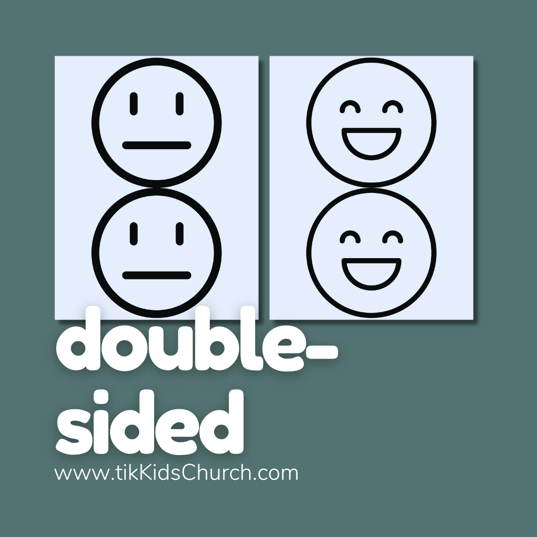 Two sets of smiley face stickers with 'double-sided' text and a website URL on a teal background.