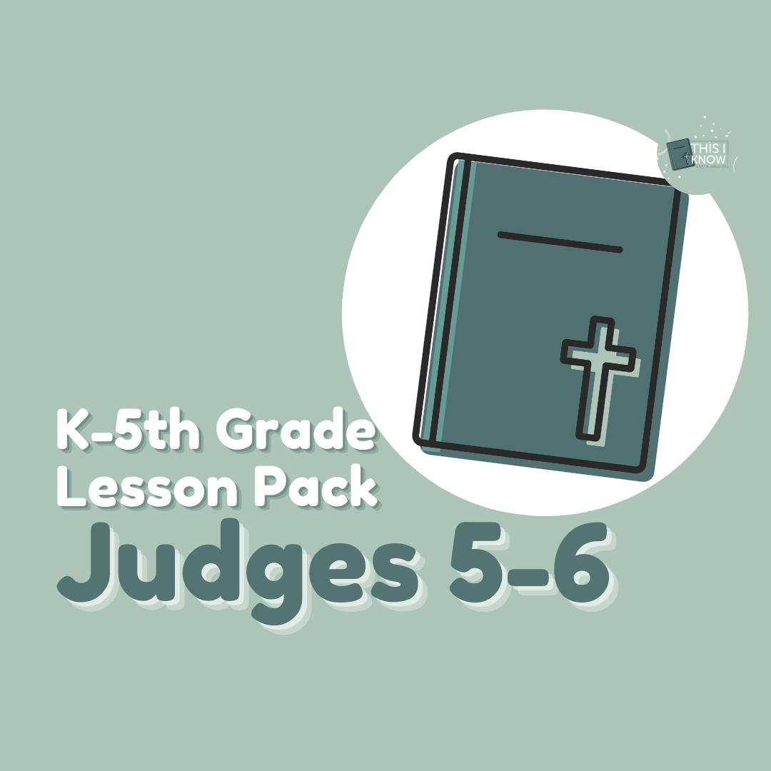 Lesson pack for K-5th Grade on Judges 5-6 with a book icon and cross on a light green background.