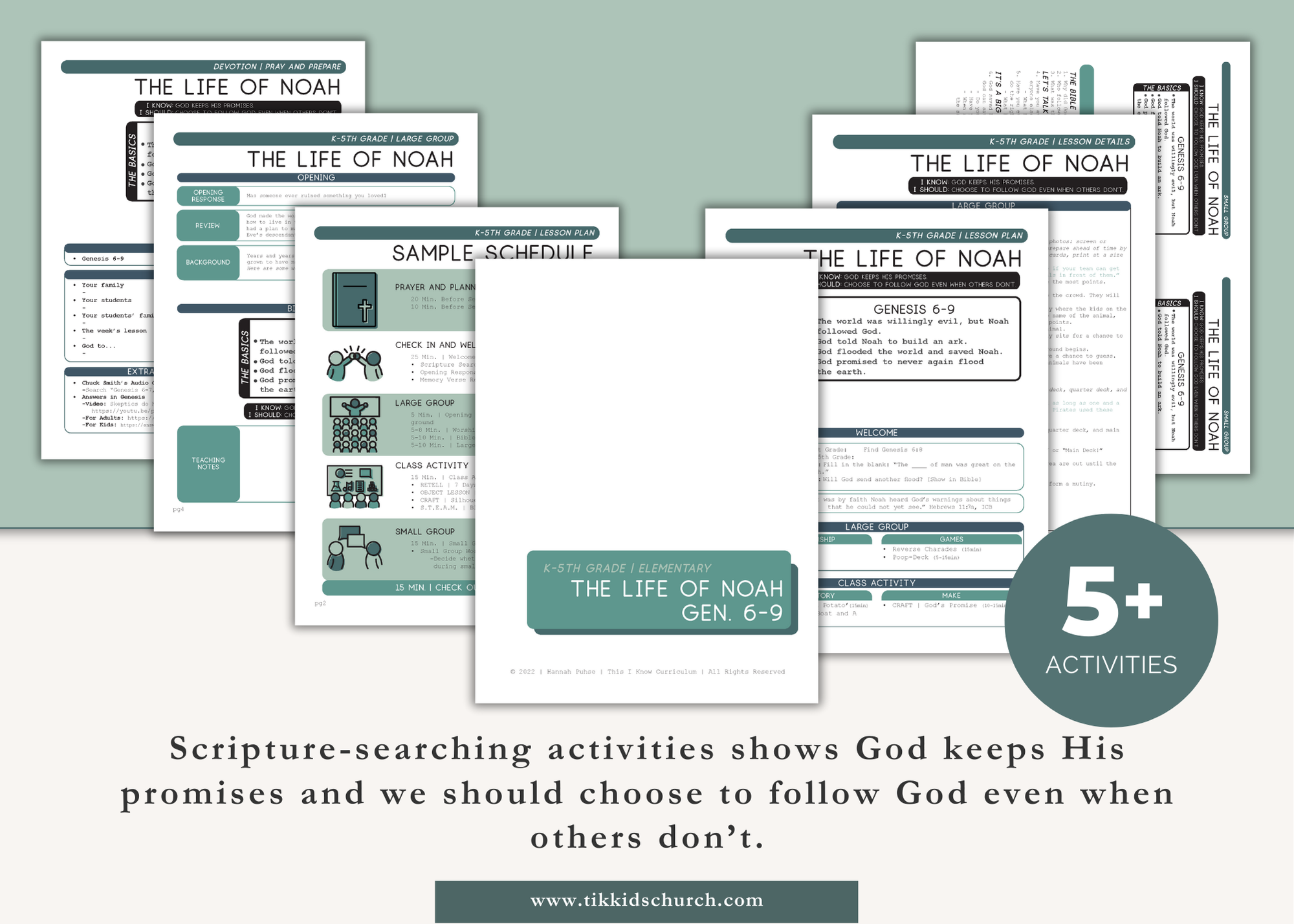 Collection of educational worksheets titled 'The Life of Noah' on a light green background.