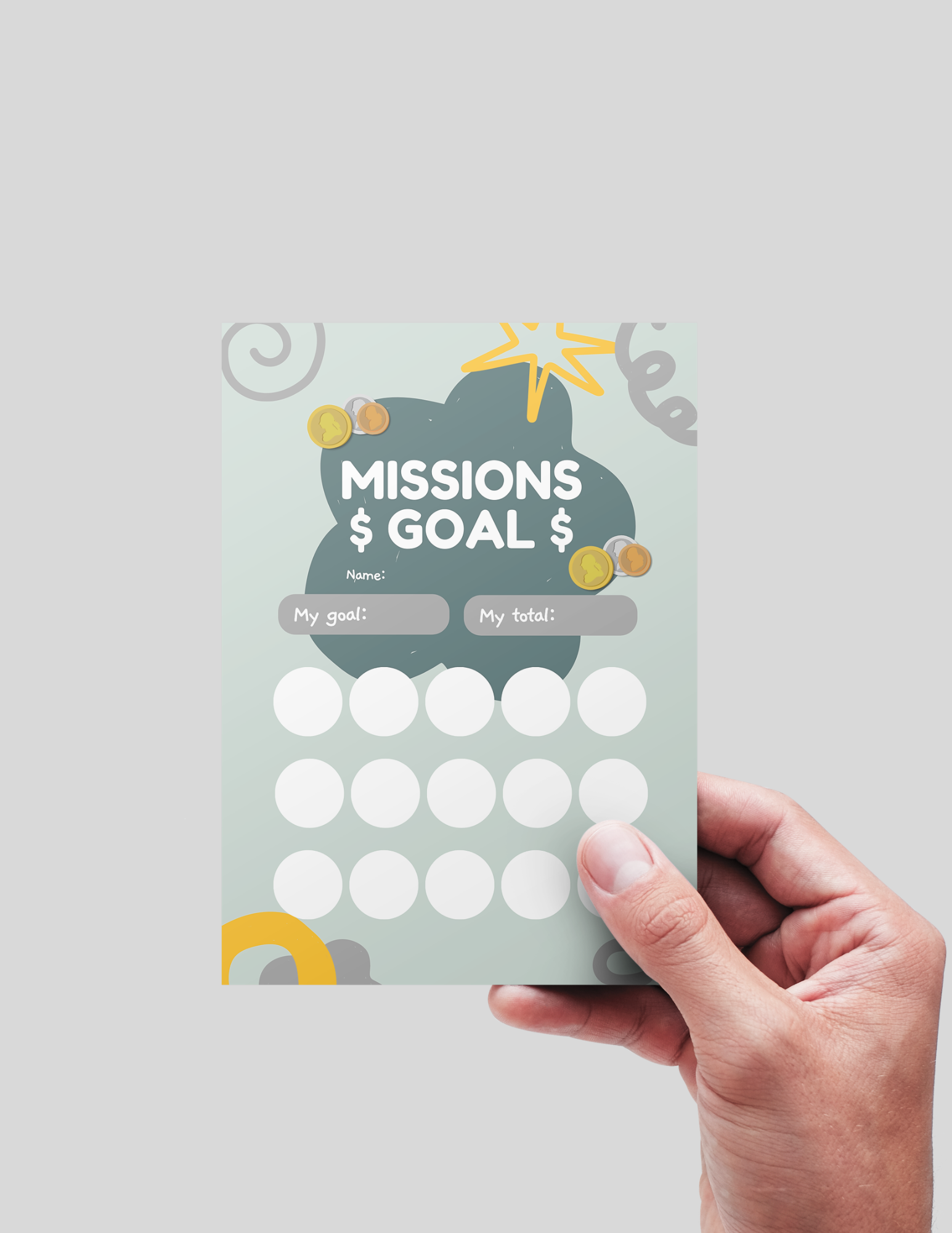Hand holding a goal tracker with colorful design on a light gray background