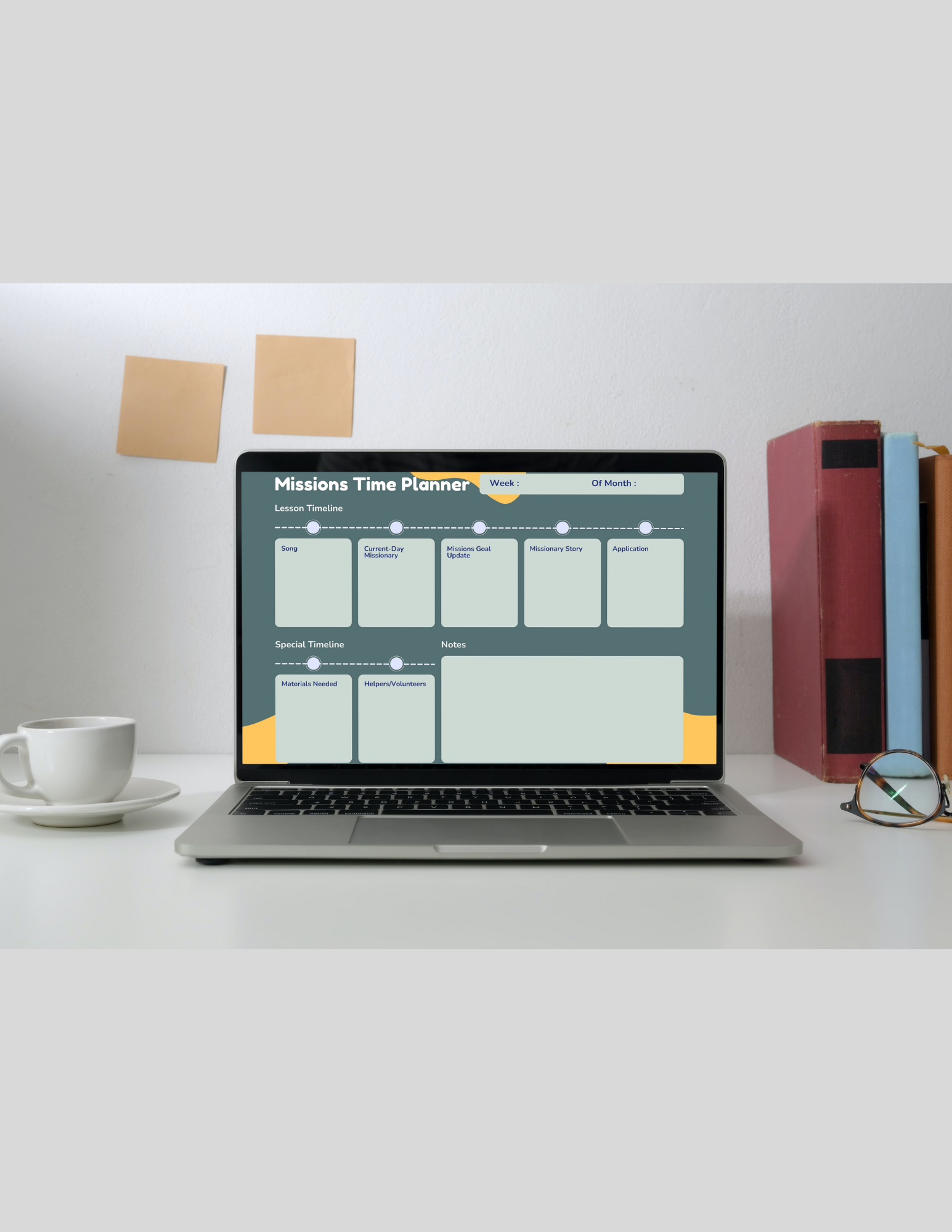 Laptop displaying a time planner on a desk with a cup and books in the background