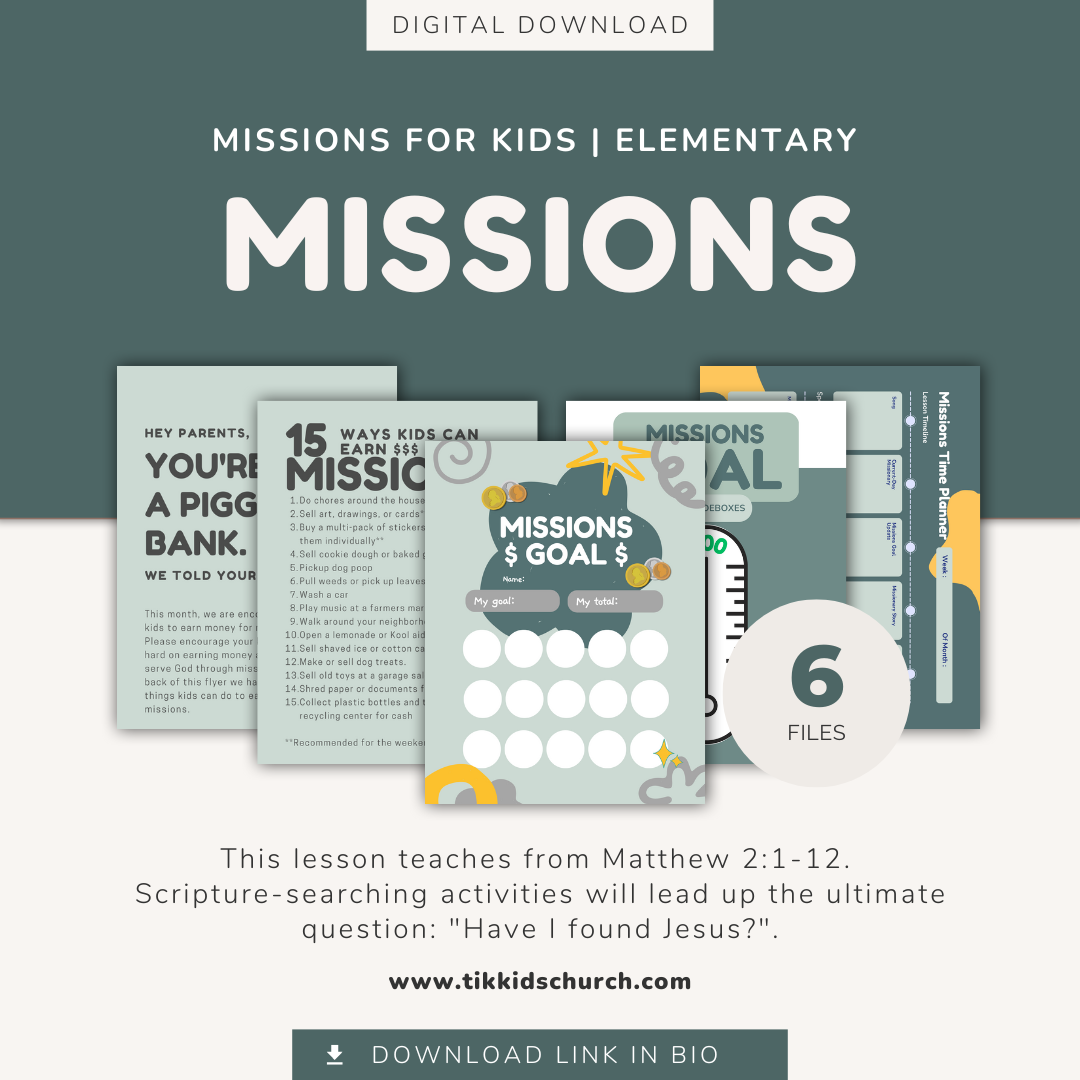 Educational materials for missions with a green and white color scheme on a gray background.