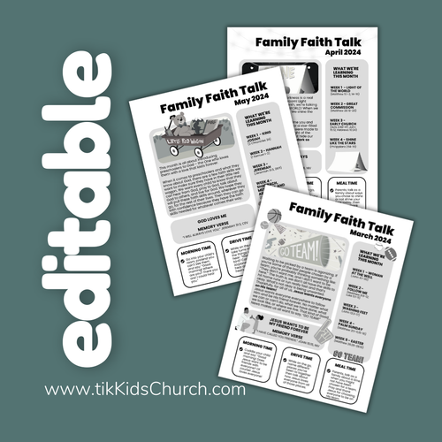 Family Faith Talk printables for March, April, and May 2024 on a teal background with 'editable' text.
