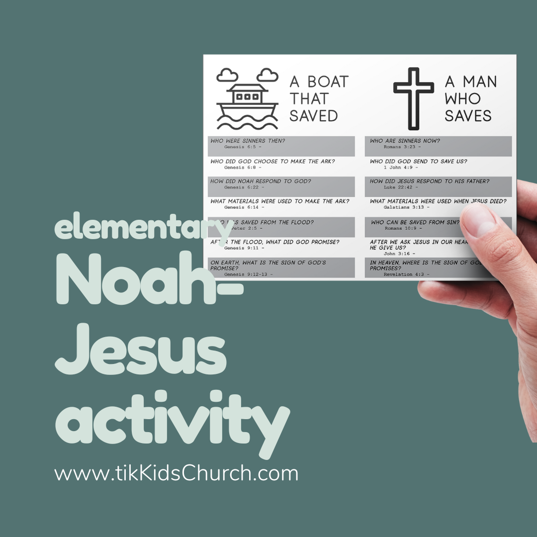 Hand holding a Noah's Ark activity sheet with text and graphics on a green background.