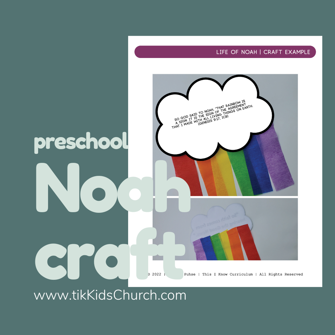 Noah craft example with rainbow and cloud on a green background, featuring Tik Kids Church branding.
