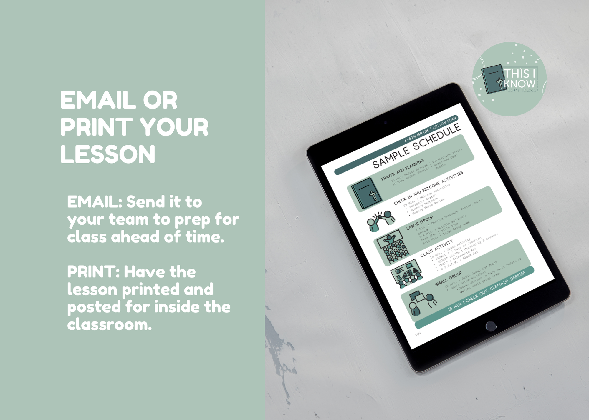 Tablet displaying a lesson schedule with text on email and print options.
