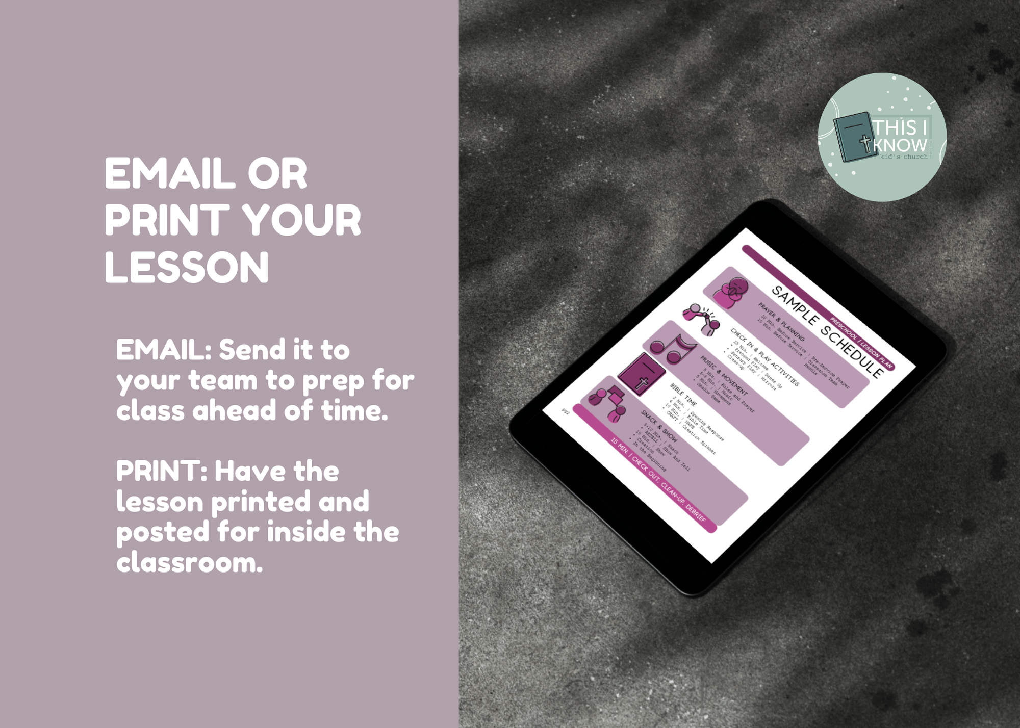 Tablet displaying a lesson schedule with text on email and print options.