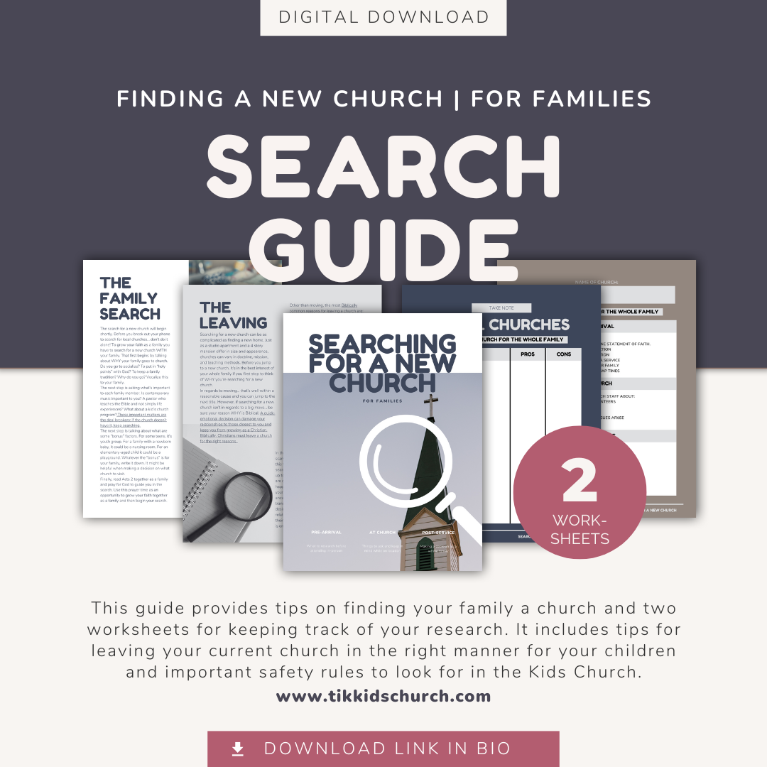 Digital download guide for finding a new church with worksheets on a gray background