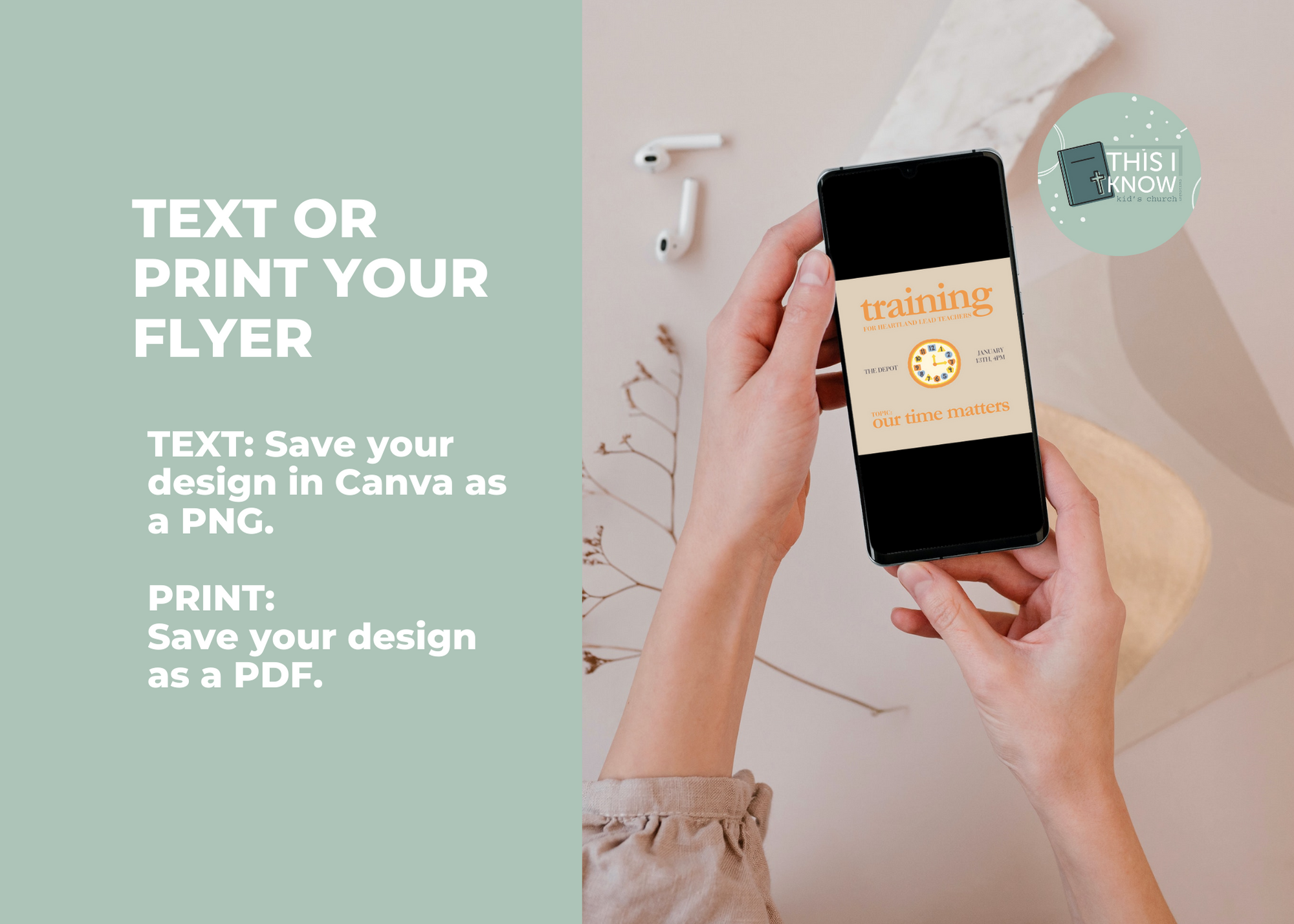 Person holding a phone with a training flyer displayed, with text on how to save designs.