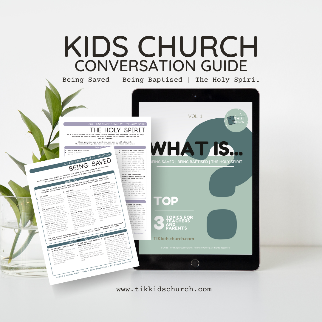 Kids Church Conversation Guide on a tablet with printed pages on a white surface.