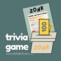 Zonk trivia game packaging with instructions on a teal background